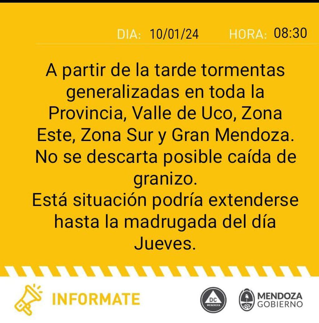 Alerta amarilla por tormentas en Mendoza (Defensa Civil)