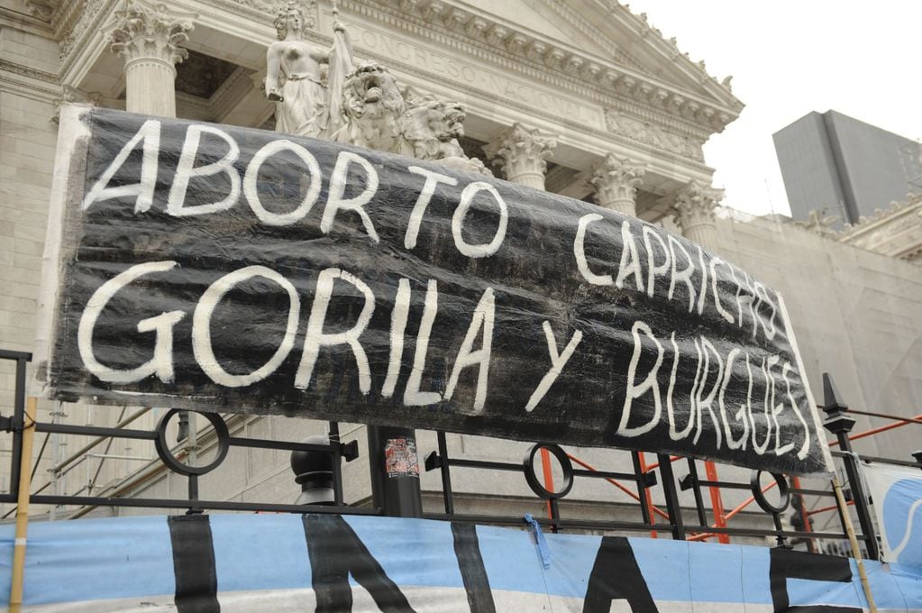 Carteles, banderas de Argentina, pañuelos celestes y pancartas para manifestar contra la ley que busca aprobar la interrupción voluntaria del embarazo.