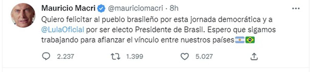 El saludo de Mauricio Macri para Lula da Silva (Twitter)