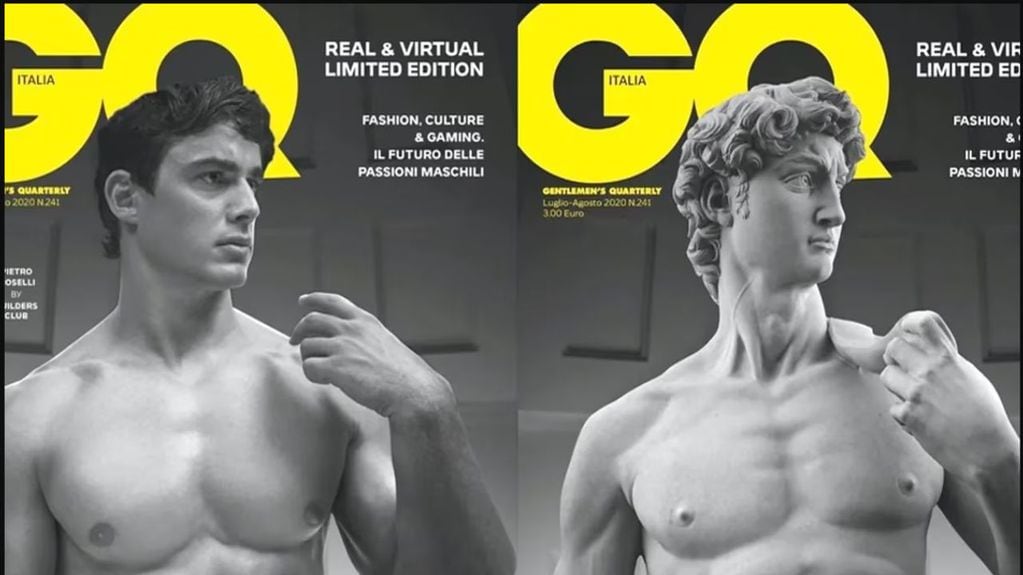 El modelo Pietro Boselli y el "David" de Miguel Ángel, en la portada del llamado "Nuevo Renacimiento" que impulsó la demanda.