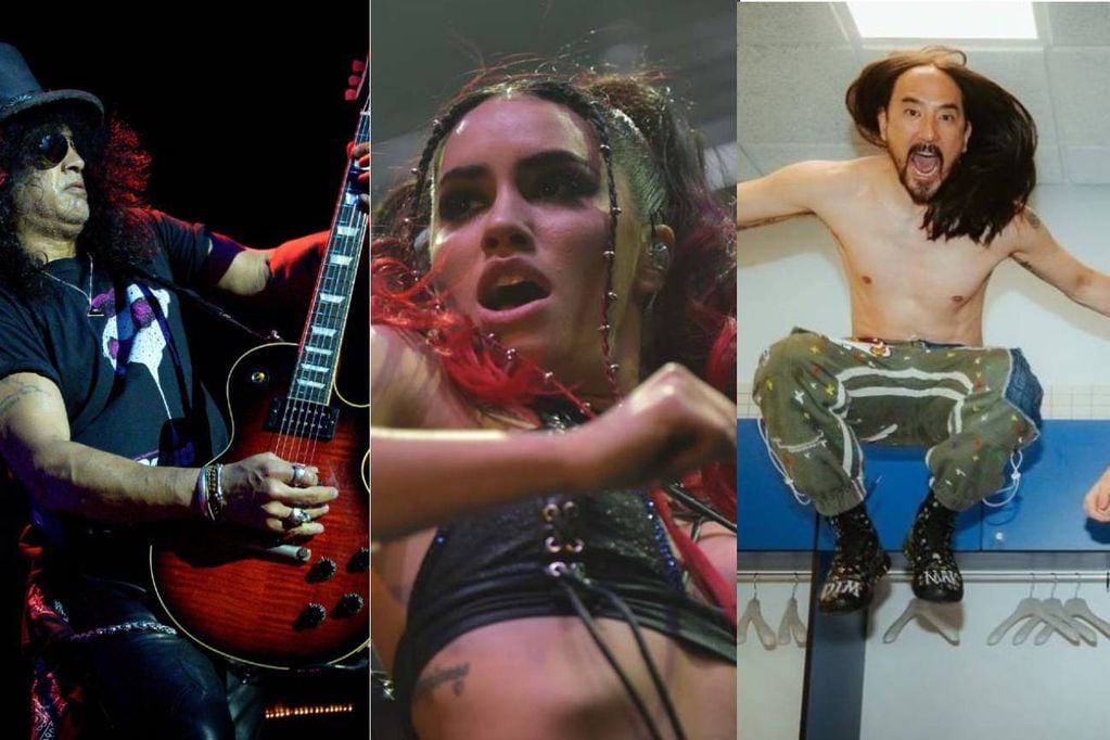 Slash, Lali y Steve Aoki sobresalen en el programa de Cosquín Rock 2024. (AP, Facundo Luque e Instagram @bizarrap)
