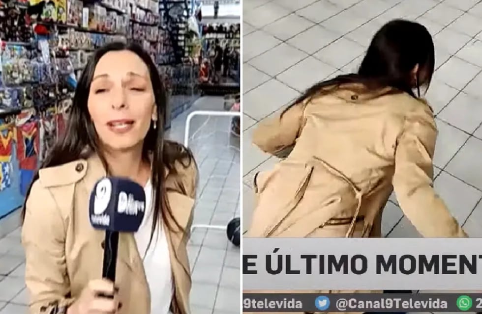 Laura Rez Masud se cayó en pleno móvil de Canal 9 cuando pateaba un penal (Captura de video)