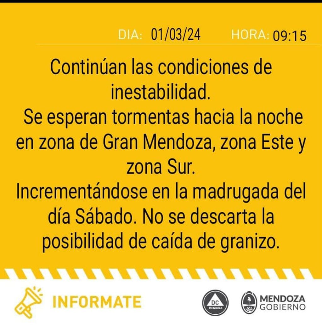 Alerta de Defensa Civil por tormentas en Mendoza
