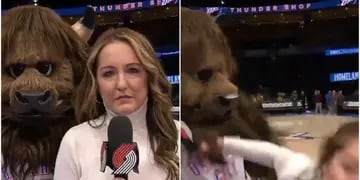 Video: una mascota espantó a una notera que cubría un partido de NBA y la reacción se viralizó