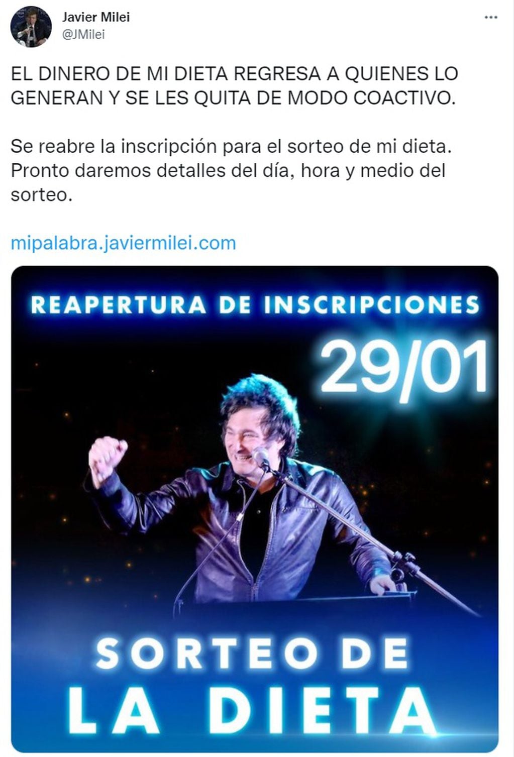 Javier Milei reabrió la inscripción para un nuevo sorteo de su sueldo como diputado nacional - Twitter