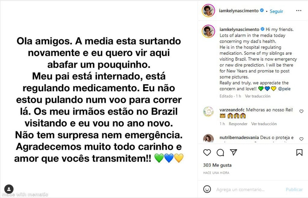 La hija de Pelé salió a clarar la situación en su cuenta de Instagram.