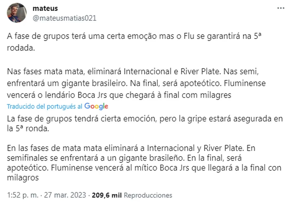 La predicción de un fan del Fluminenses sobre la Final ante Boca