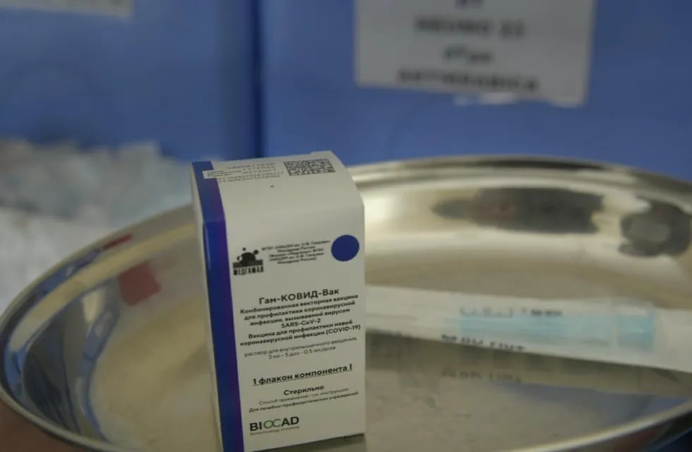 Uno de los envases de las segundas dosis de la vacuna Sputnik V que llegaron a Mendoza. / Orlando Pelichotti