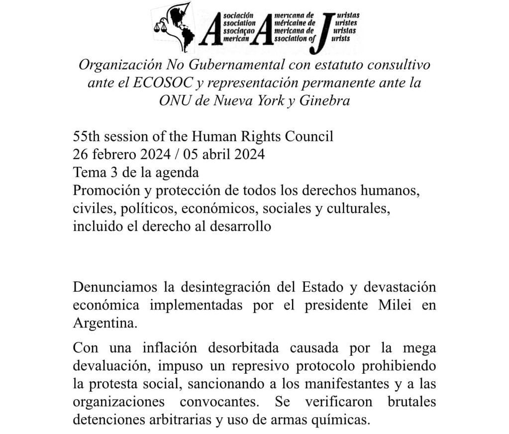 El escrito de la AAJ. Imagen: Facebook / Asociación Argentina de Juristas