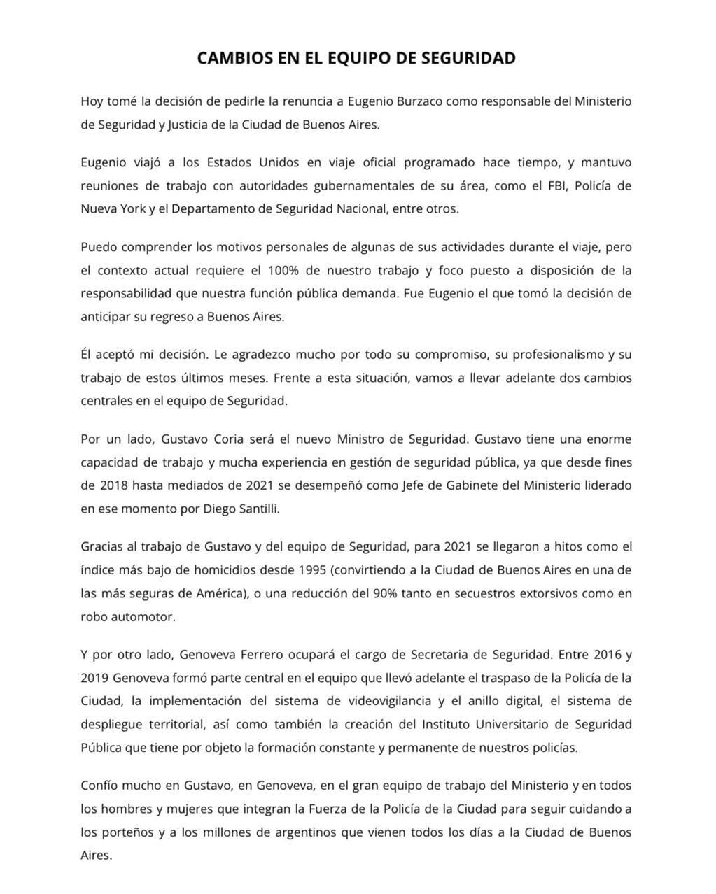 Comunicado de Larreta, sobre la renuncia de Eugenio Burzaco y las nuevas asignaciones. Foto: X / @horaciorlarreta
