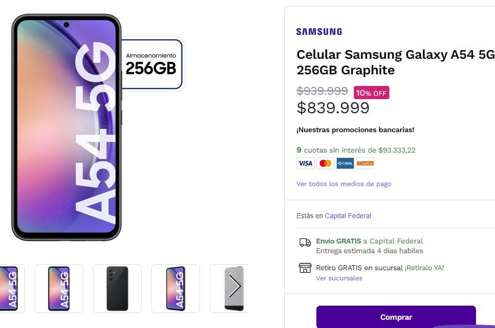 Precio de Samsung A54 en Frávega Argentina