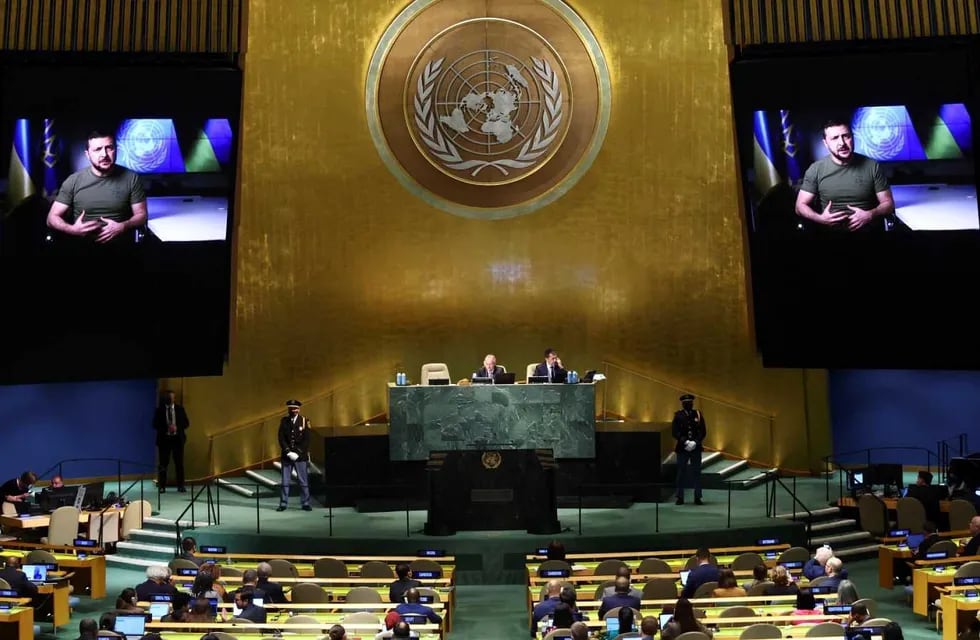 Volodimir Zelenski, presidente de Ucrania, en un mensaje grabado ante la Asamble General de la ONU.