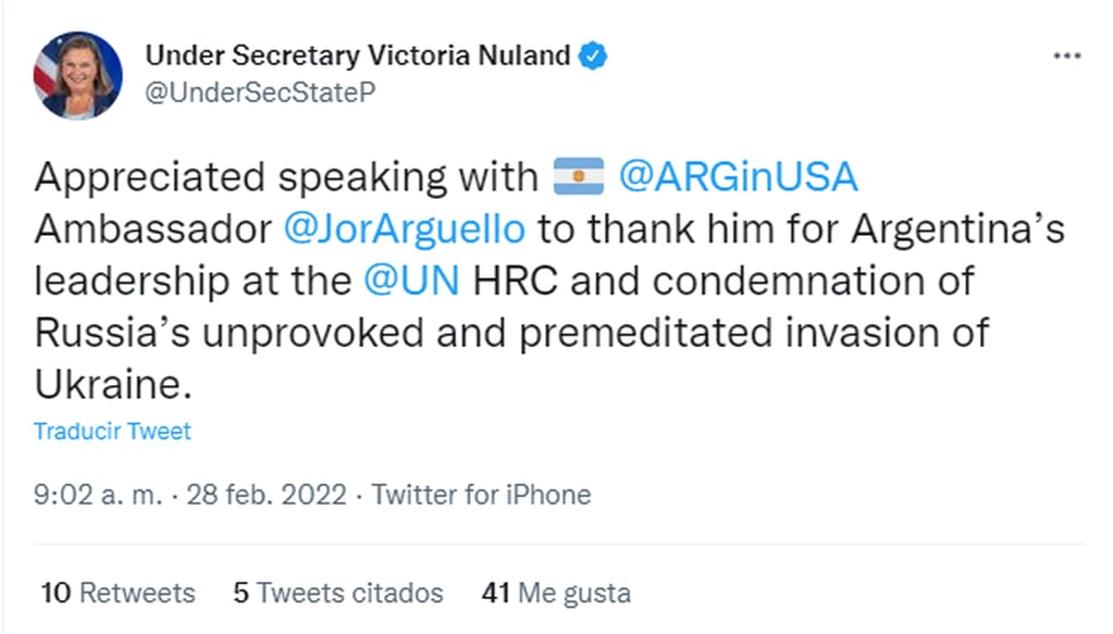 Desde Estados Unidos agradecieron la posición de Argentina contra la invasión rusa en Ucrania.
