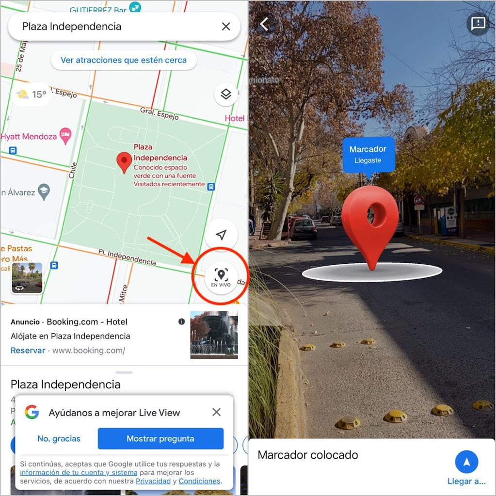 La función Live de Google Maps en Mendoza utiliza realidad aumentada aunque con limitaciones.