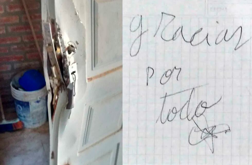 Puerta destrozada y mensaje de un ladrón en Villa Ciudad de América. / Foto: La Voz