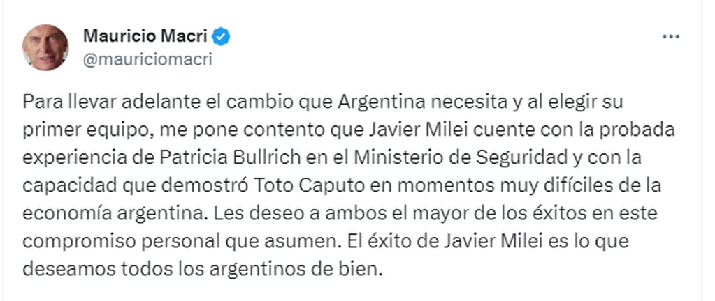 Mauricio Macri celebró la incorporación de dos de sus ex ministros al nuevo gobierno que presidirá Javier Milei a partir del 10 de diciembre.
