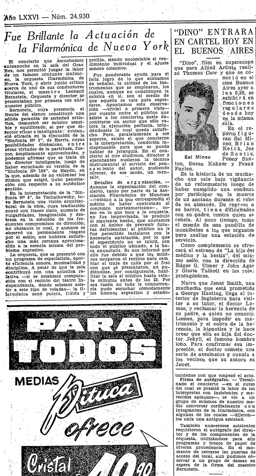 La crítica publicada el 26 de mayo de 1958. Foto: Archivo de diario Los Andes.