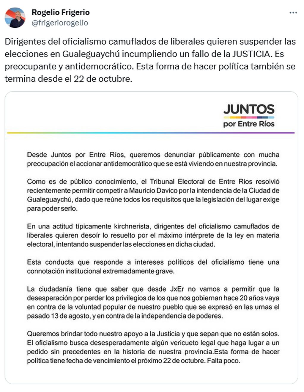 Desde JxC aseguran que el kirchnerismo quiere suspender las elecciones en Gualeguaychú. Foto: X