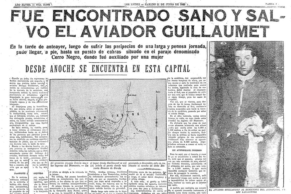 Publicación de Diario Los Andes
Henri Guillaumet fue encontrado sano y salvo