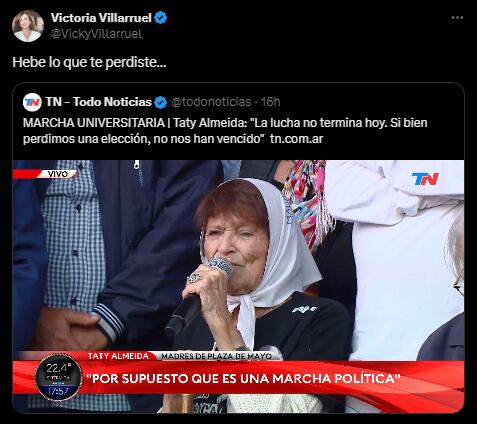 El tuit de Victoria Villarruel. Foto: captura de pantalla.