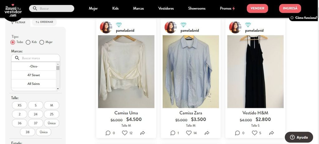 Pamela David vende su ropa usada a través de internet.