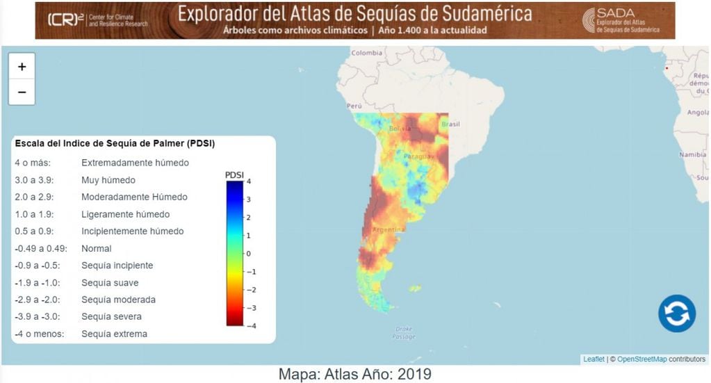 Captura de pantalla del explorador del Atlas de Sequías de Sudarmérica. El mapa refleja con claridad el fenómeno extremo que viven Mendoza y la región de Cuyo.


