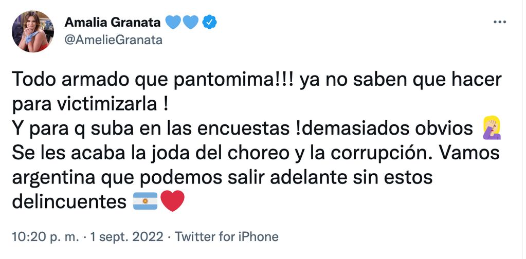 La diputada Amalia Granata publicó varios mensajes polémicos tras conocerse el atentado que sufrió la vicepresidenta Cristina Kirchner.