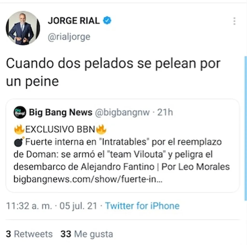 El tuit de Jorge Rial por la interna en "Intratables".
