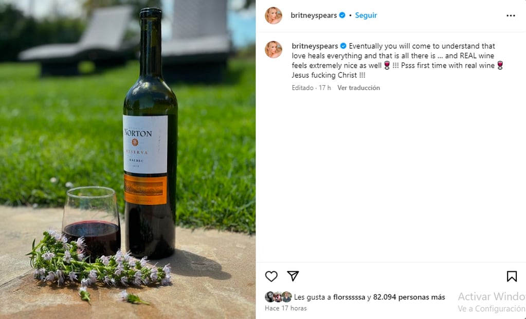 "El vino real se siente muy bien", escribió la cantante en su cuenta. Instagram @britneyspears