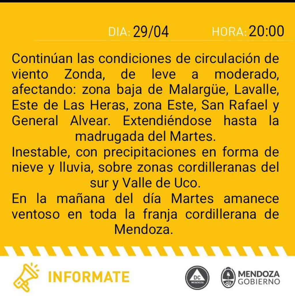 Alerta amarilla por Zonda: zona baja de Malargüe, Lavalle, Este de las Heras, zona Este, San Rafael, y General Alvear. (Defensa Civil)