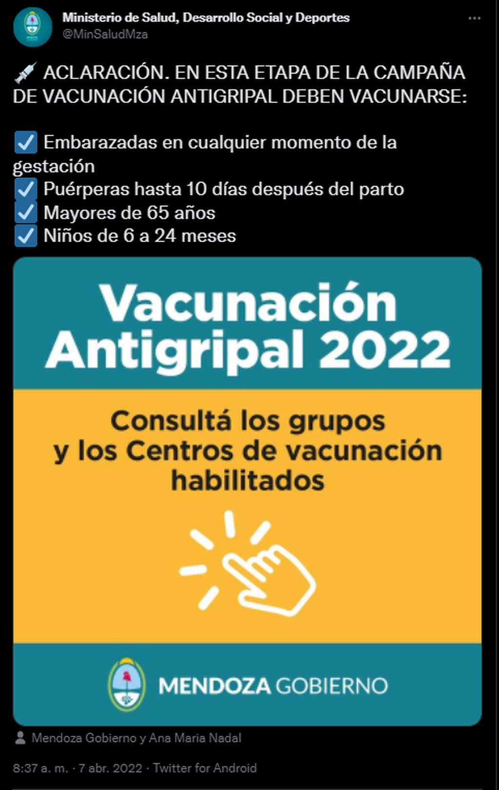 Gripe: más allá de lo anunciado, por ahora no se vacunará a personas con enfermedades de base. Fuente: Twitter @MinSaludMza