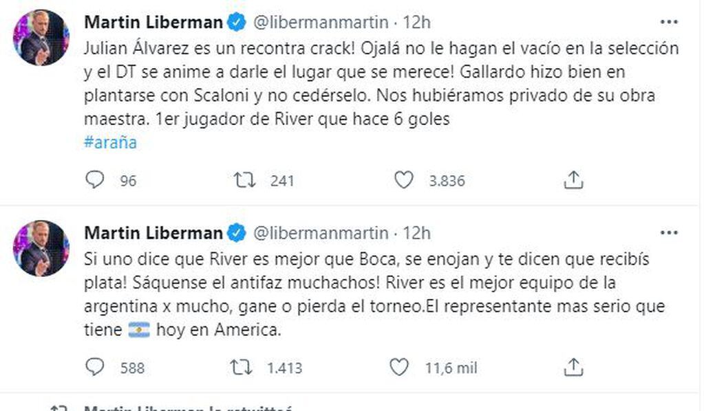 Los mensajes de Liberman en Twitter.