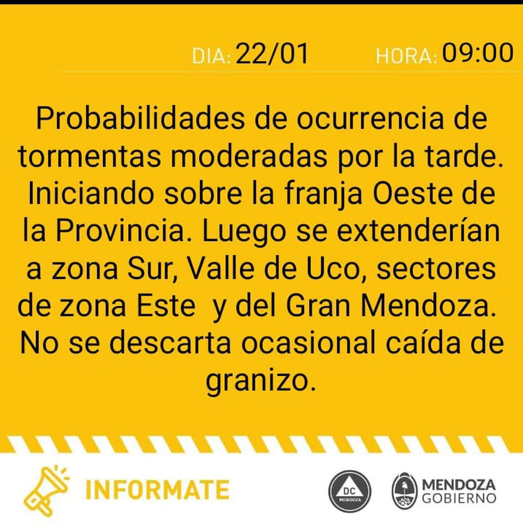 Alerta amarilla de Defensa Civil por tormentas en Mendoza (SMN)