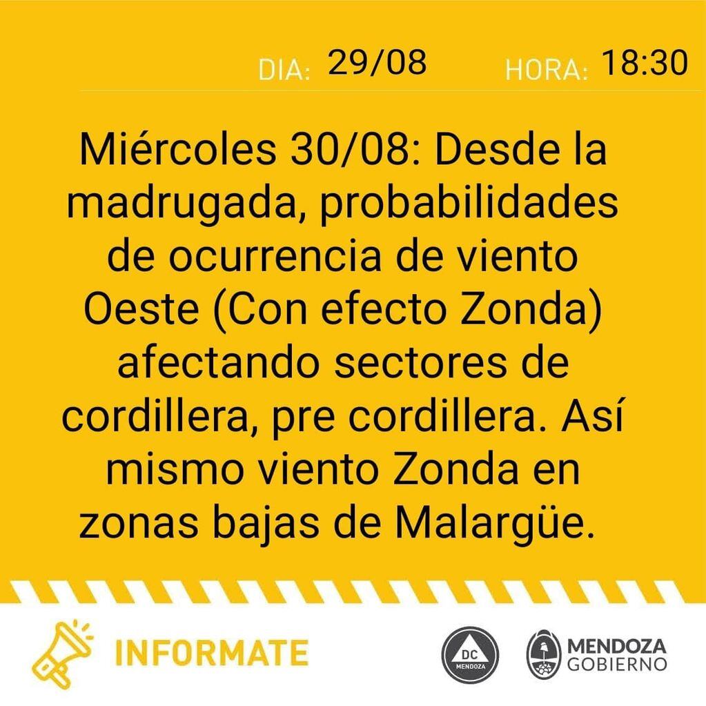 Alerta amarilla por viento Zonda y efecto Zonda en Mendoza (Defensa Civil)