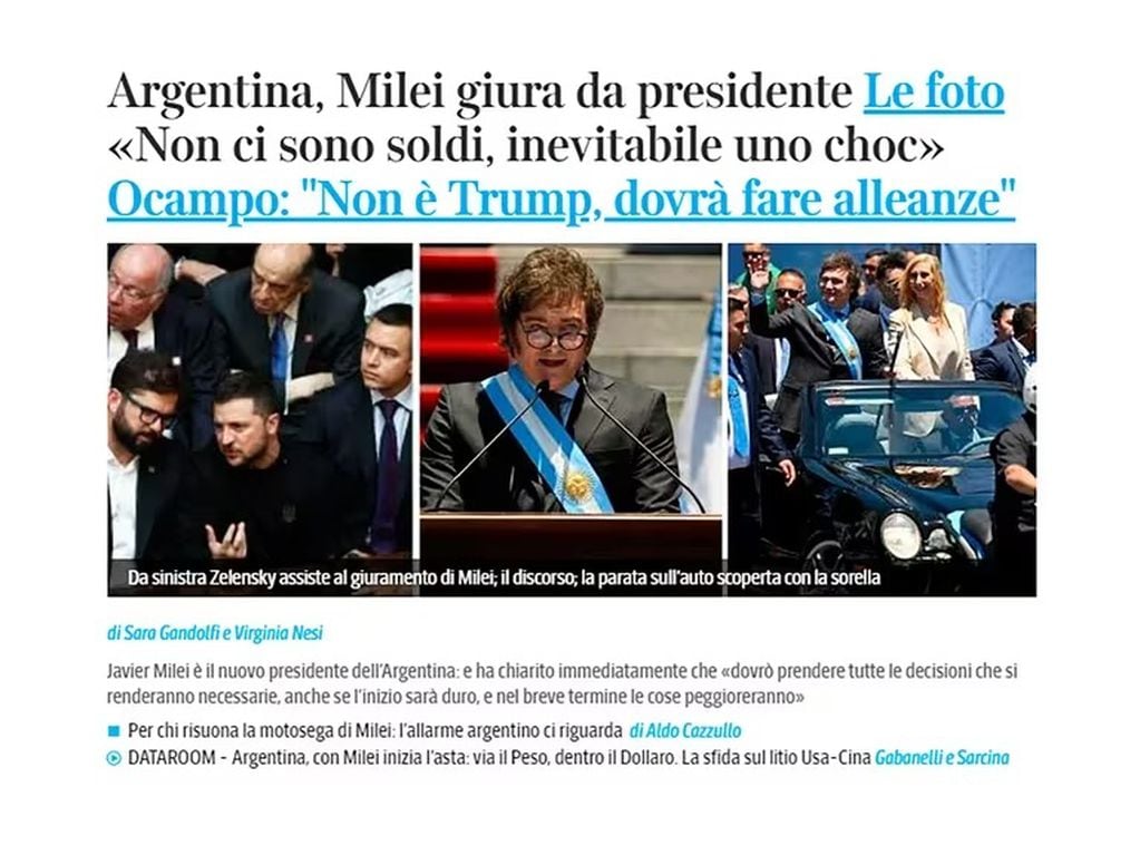 La asunción presidencial de Javier Milei en Corriere della Sera