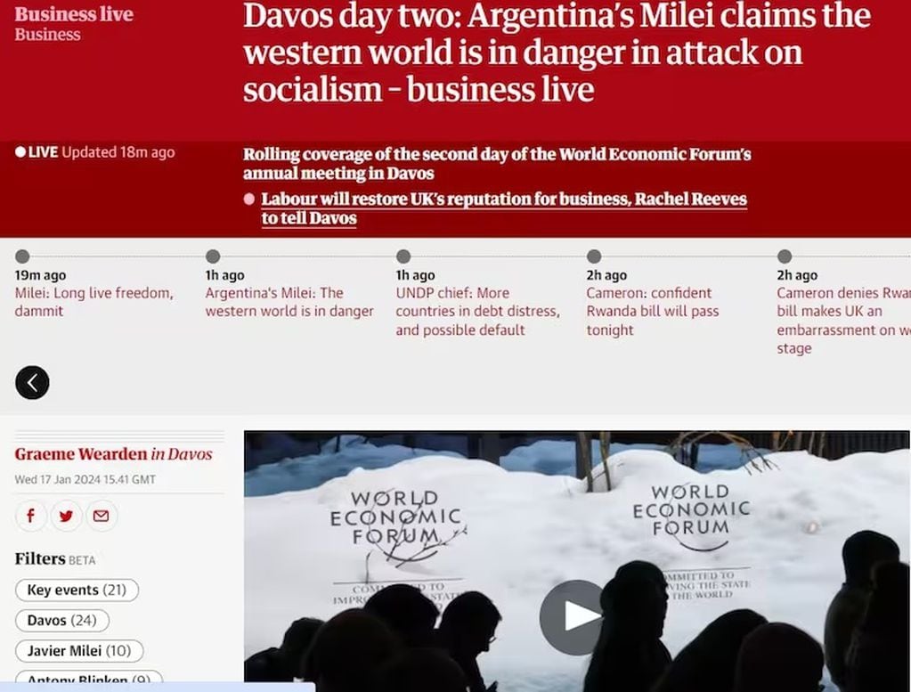 Así reflejaron los medios internacionales el discurso de Javier Milei en Davos - The Guardian