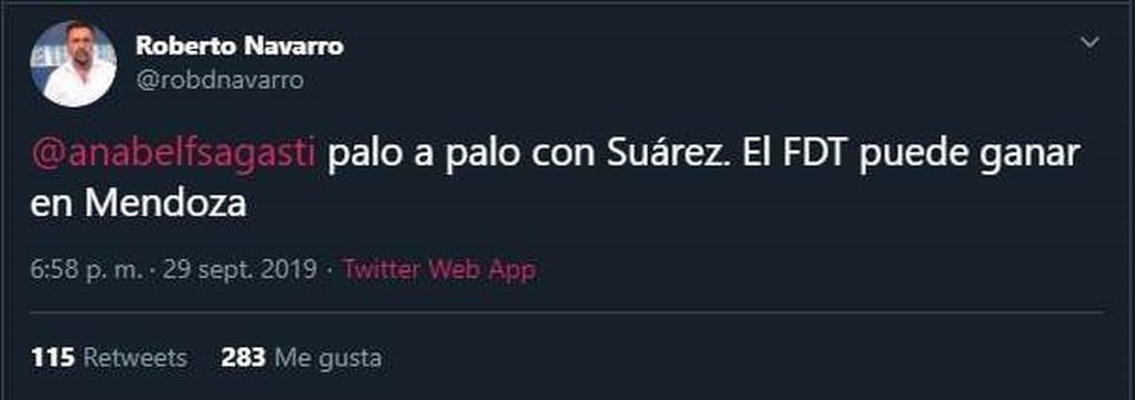 El tuit que Roberto Navarro borró en 2019: daba por ganadora a Sagasti 