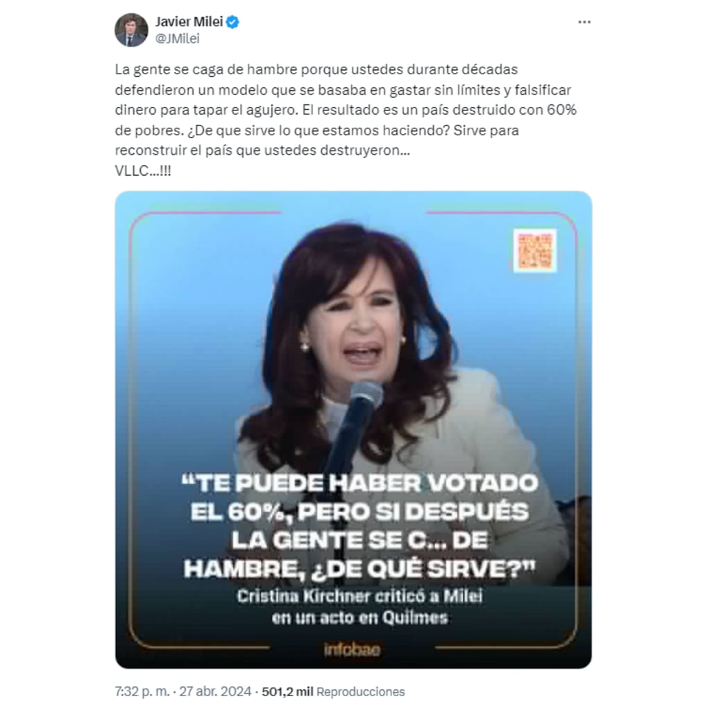 El posteo de Javier Milei en respuesta a Cristina Kirchner. Foto: Captura