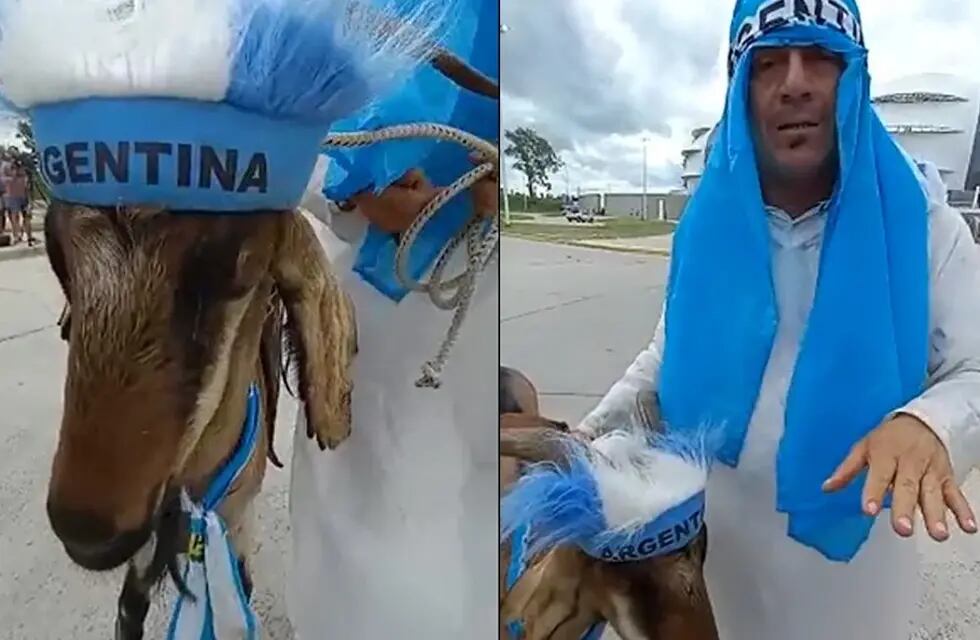 Un fanático santiagueño fue al estadio  a ver la Selección Argentina con una cabra. Increíble. / Gentileza.