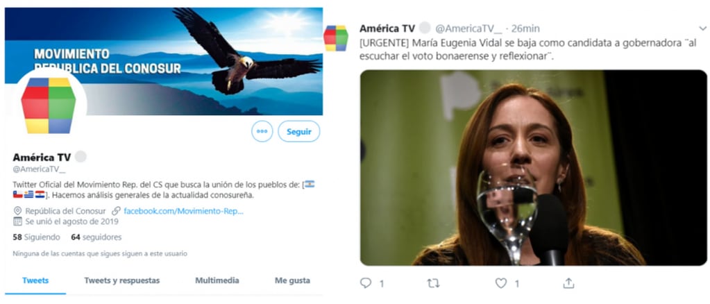 
El tuit de la cuenta falsa @AméricaTV_ sobre la baja de la candidatura de la gobernadora bonaerense.
