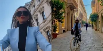 Agustina Gandolfo en bicicleta por las calles de Milán.