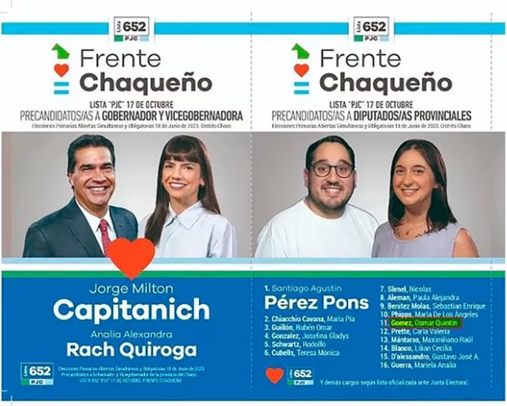 La boleta electoral de Jorge Capitanich, donde aparecía como precandidato a diputado provincial Osmar "Quintín" Gómez.