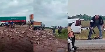 Video: volcó un camión que transportaba cajas de vino y lo saquearon de inmediato
