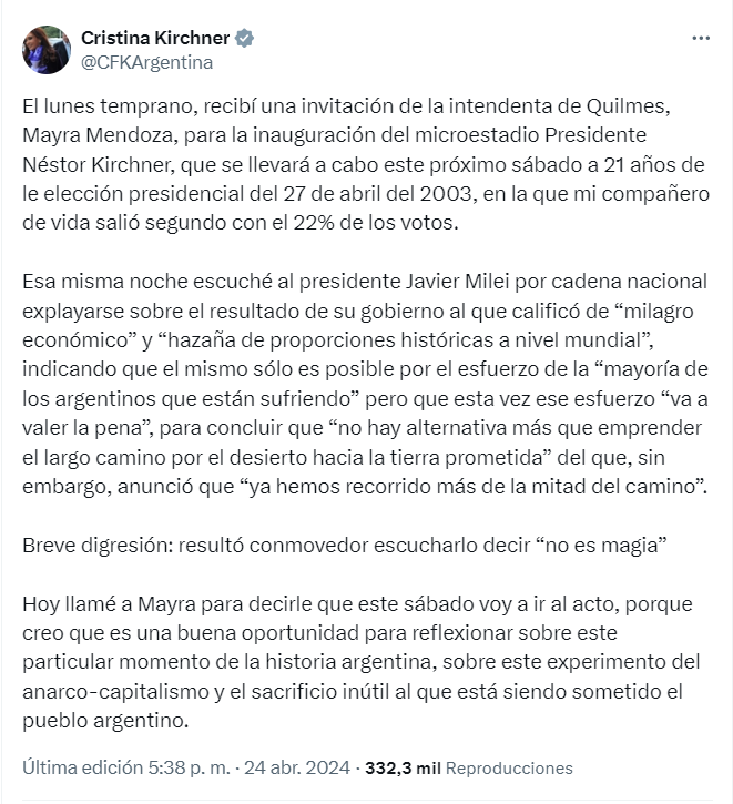 Cristina Kirchner contó en Twitter que volverá a participar en un acto político