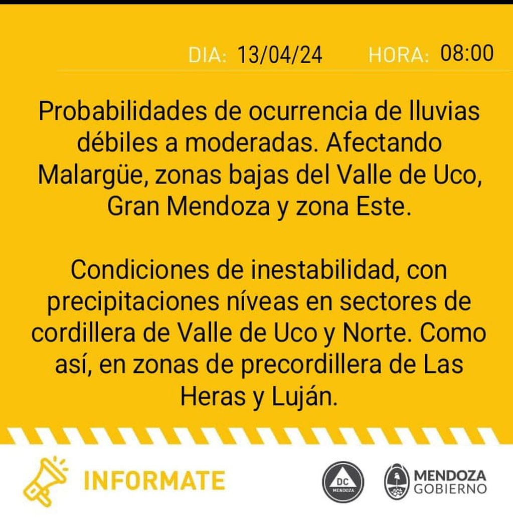 Inestabilidad y alerta en Mendoza. Imagen: Defensa Civil