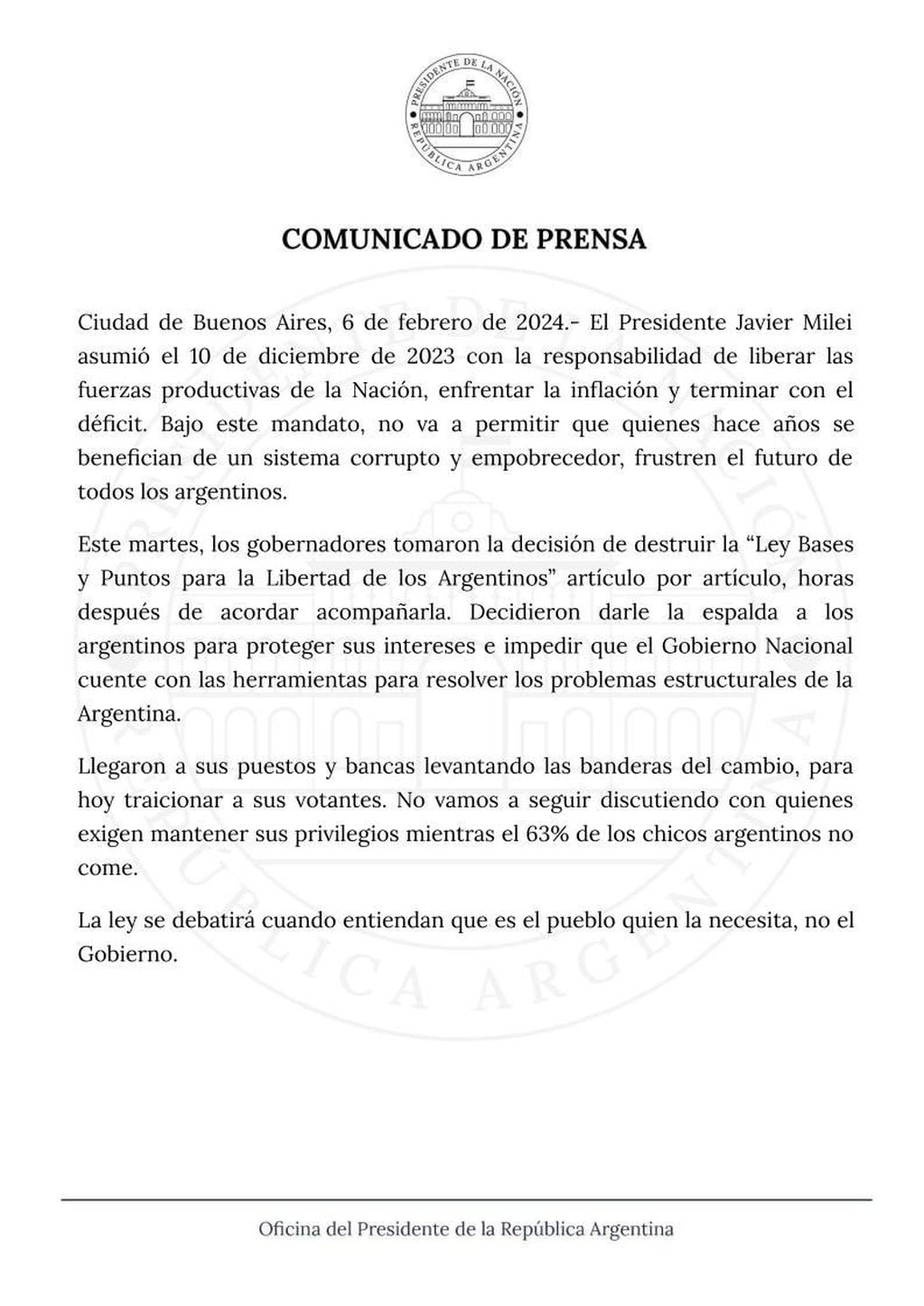 El comunicado de prensa del Gobierno nacional por la Ley Ómnibus.