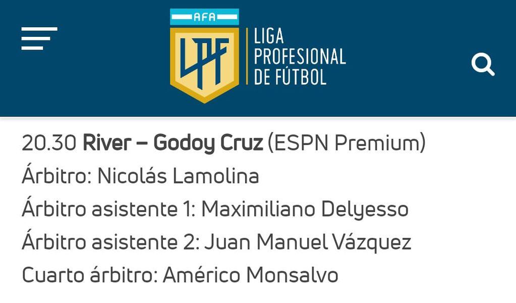 Nicolás Lamolina será el árbitro del partido entre River y Godoy Cruz.