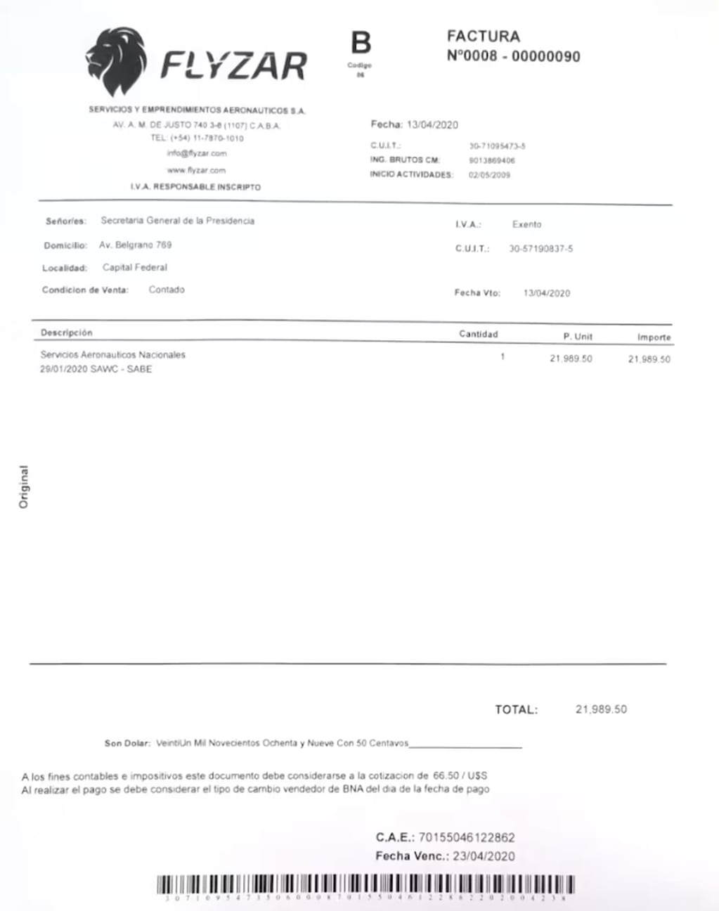 La factura de uno de los vuelos privados de Cristina Kirchner que asumió la Secretaría General de la Presidencia. Foto: La Nación