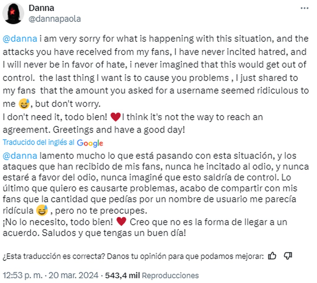 Danna Paola se disculpó públicamente con la joven que tiene su nombre de usuario en X