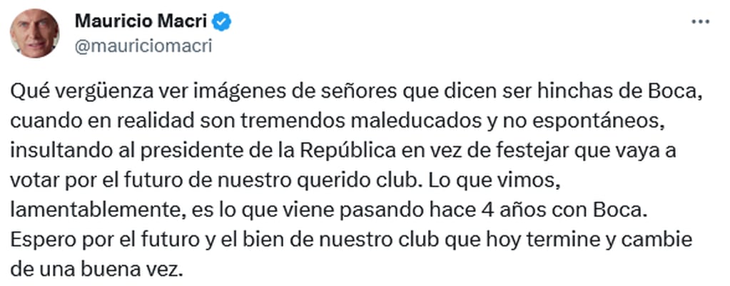 Mauricio Macri criticó a los hinchas de Boca que abuchearon a Javier Milei en La Bombonera.